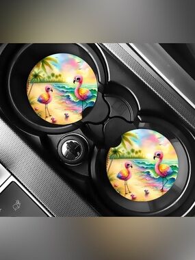 Colorful Flamingo Beach Car Coasters Absorbent Set of (2)